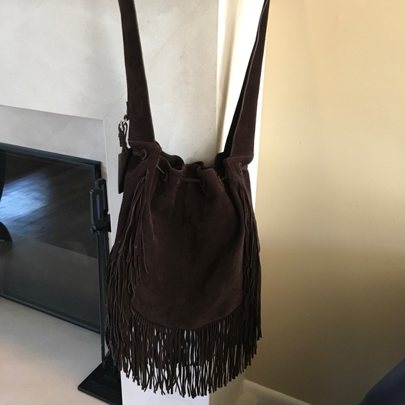 RALPH LAUREN RICH CHOCO BROWN SUEDE FRINGED HOBO - Picture 3 of 7